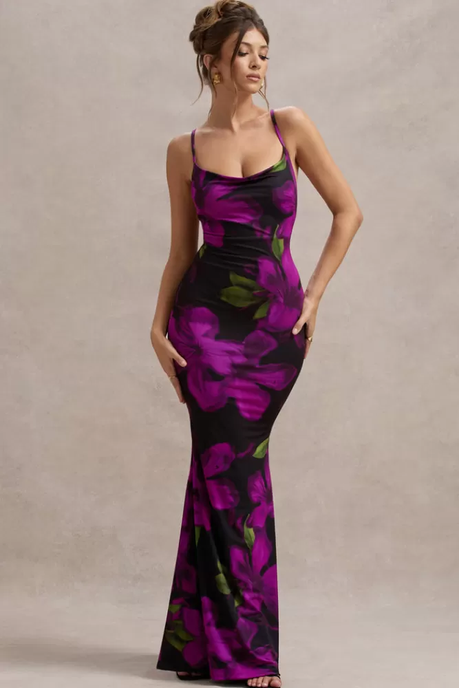 Club L London Lotus | Purple Floral Print Cowl-Neck Maxi Dress FLORALPRINT Cheap