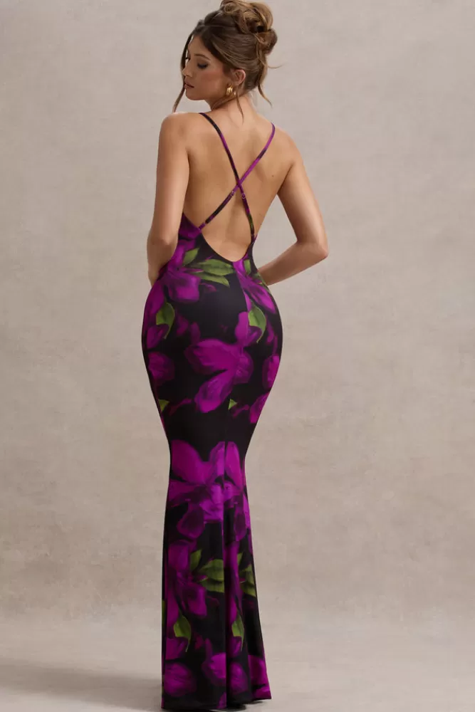 Club L London Lotus | Purple Floral Print Cowl-Neck Maxi Dress FLORALPRINT Cheap