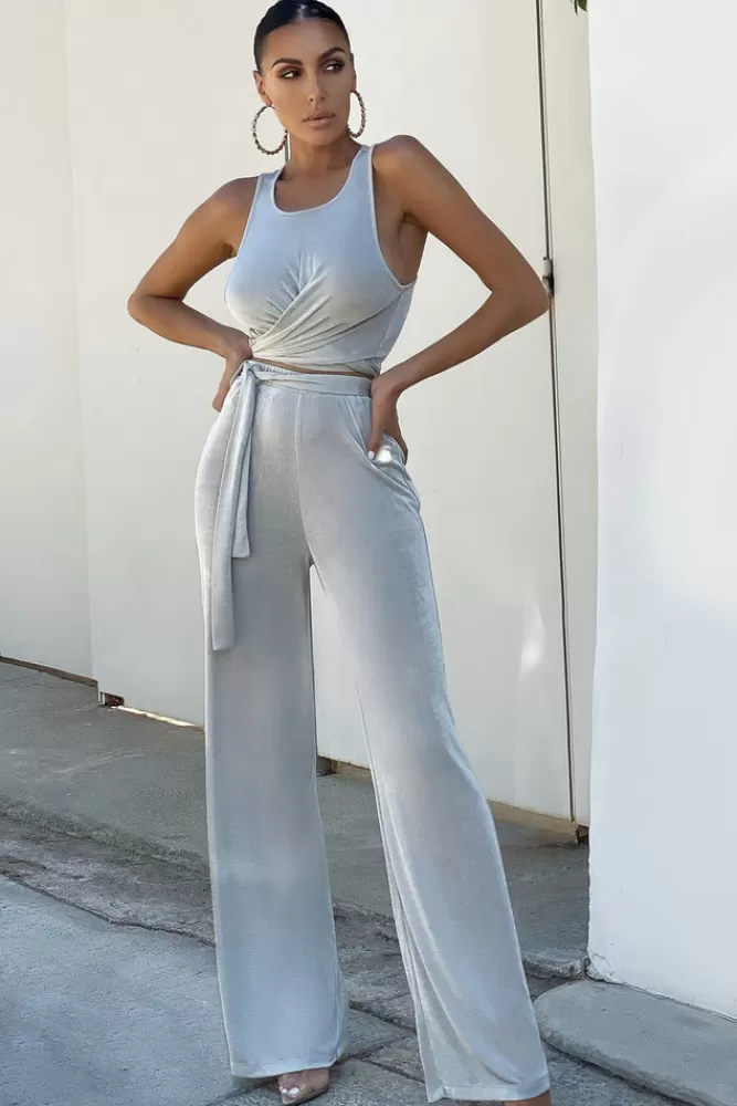 Club L London Lotus Flower | Stone Tie Front Wide Leg Trousers Grey Flash Sale