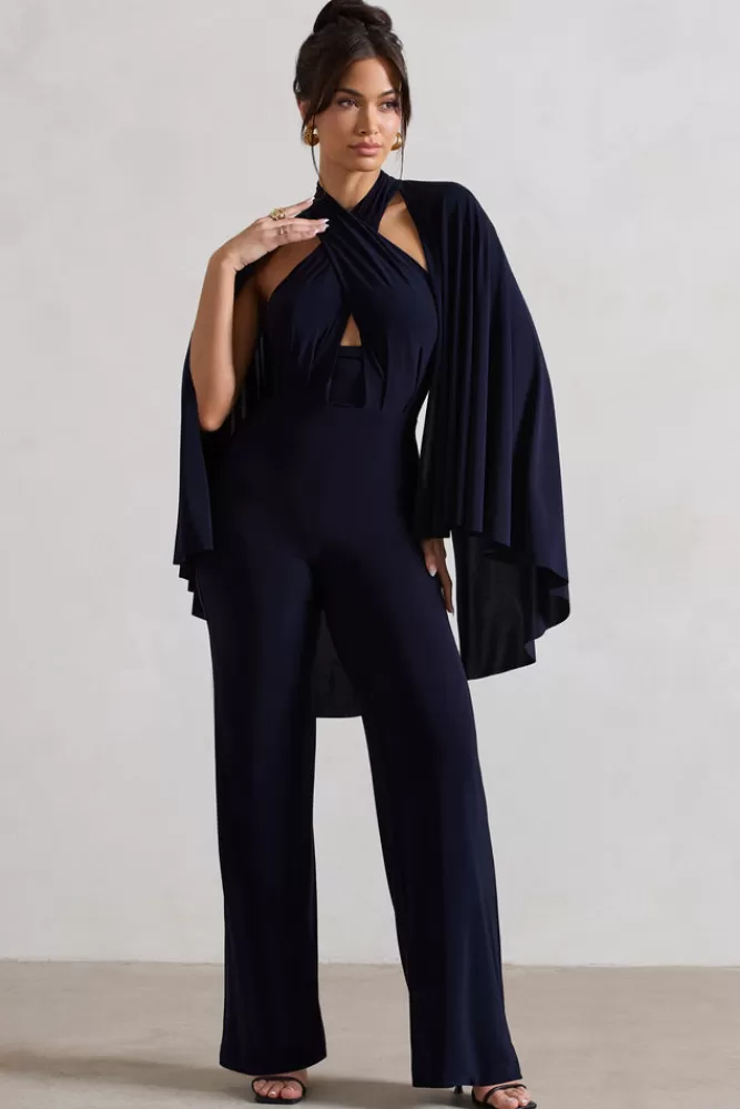 Club L London Lourdes | Halter-Neck Straight-Leg Jumpsuit With Cape NAVY Online