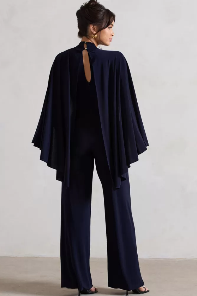 Club L London Lourdes | Halter-Neck Straight-Leg Jumpsuit With Cape NAVY Online