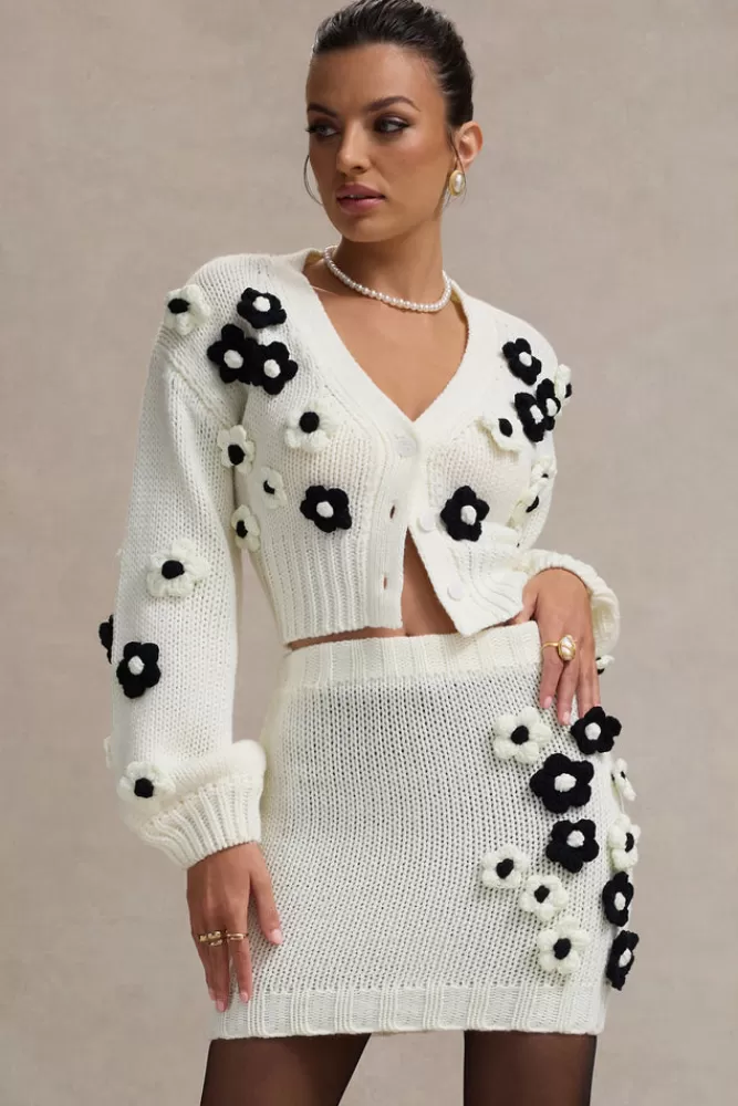 Club L London Louvre | u0026 Black Knit Cropped Floral Cardigan CREAM New