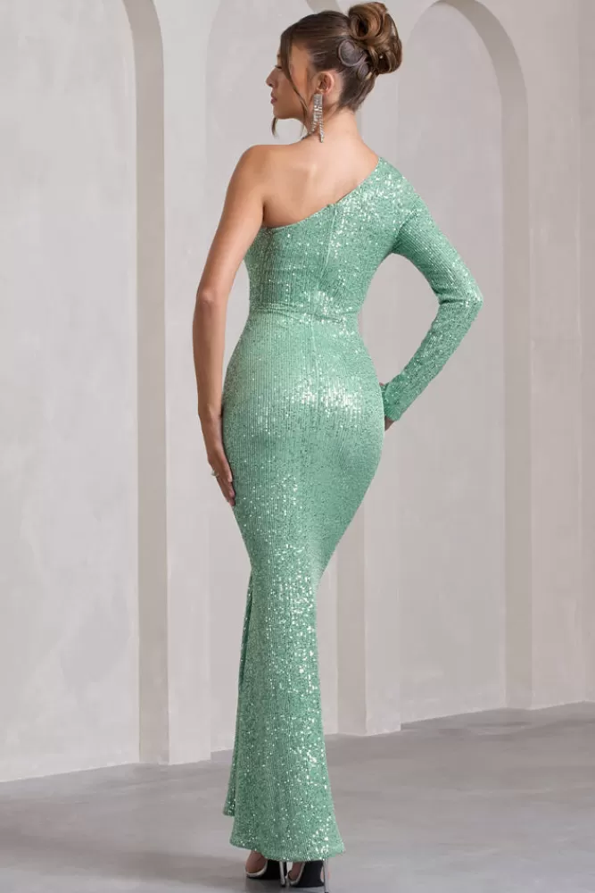 Club L London Love Language | Mint Green Sequin One Shoulder Maxi Dress With Corsage ICEDMINT Cheap