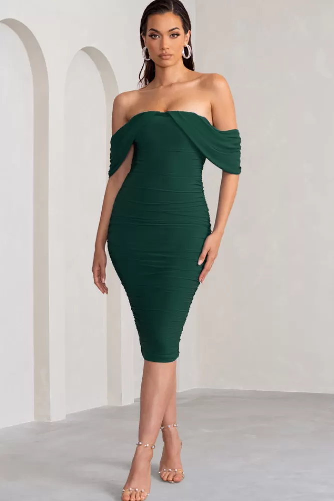 Club L London Love Me | Bottle Green Off The Shoulders Ruched Midi Dress BottleGreen Online