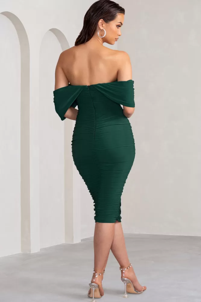 Club L London Love Me | Bottle Green Off The Shoulders Ruched Midi Dress BottleGreen Online