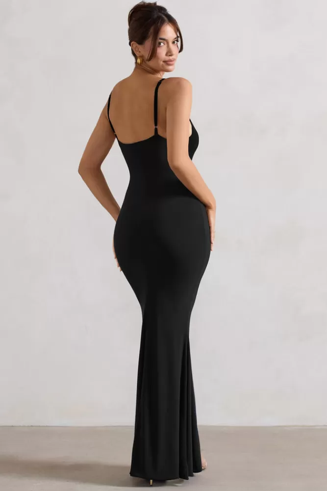 Club L London Love Shy | Plunge Neck Maxi Dress With Split Detail Black Best Sale