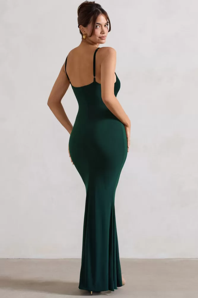 Club L London Love Shy | Bottle Green Plunge Neck Maxi Dress With Split Detail BottleGreen Store