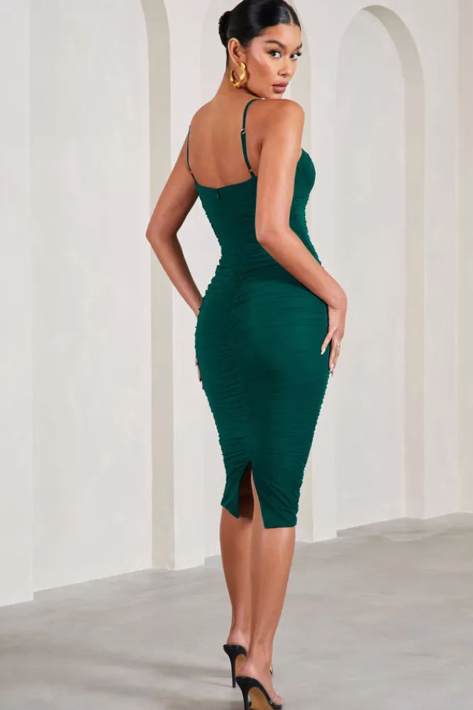 Club L London Love Tapes | Dark Green Corset Mesh Midi Dress DARKSAGE Best Sale