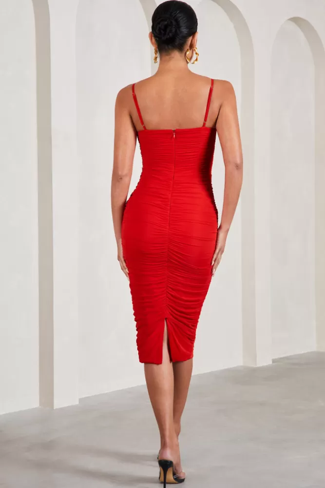 Club L London Love Tapes | Corset Mesh Midi Dress Red Cheap