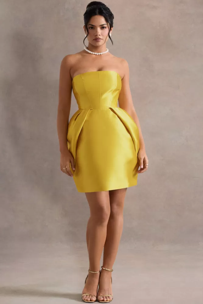 Club L London Lovebug | Mustard Bandeau Mini Dress With Tulip Skirt SULPHUR New