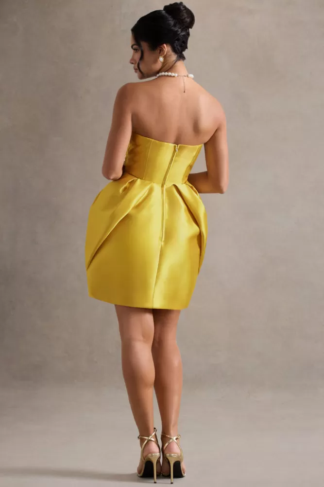 Club L London Lovebug | Mustard Bandeau Mini Dress With Tulip Skirt SULPHUR New