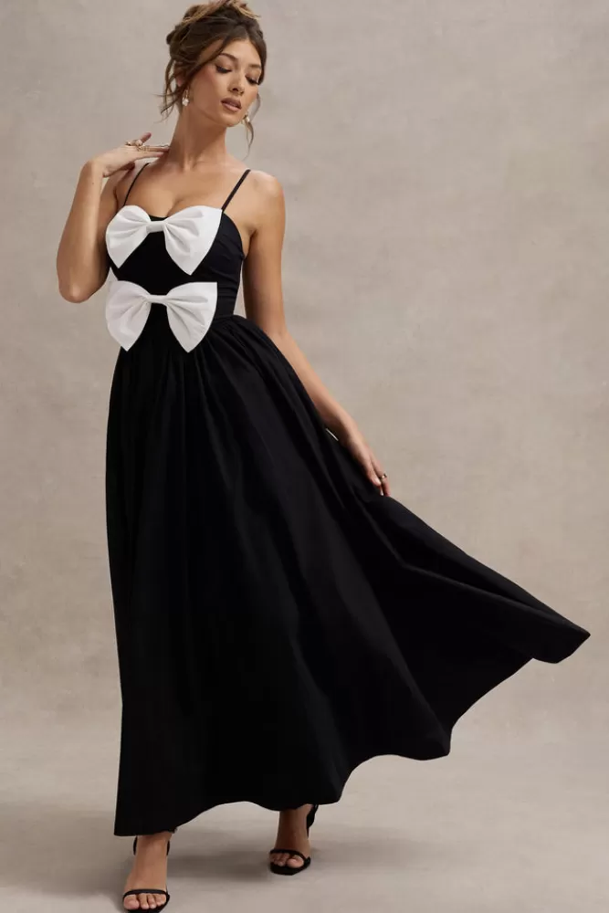 Club L London Loved Up | Black Strappy Pleated Maxi Dress With Bows BLACKANDWHITE Best