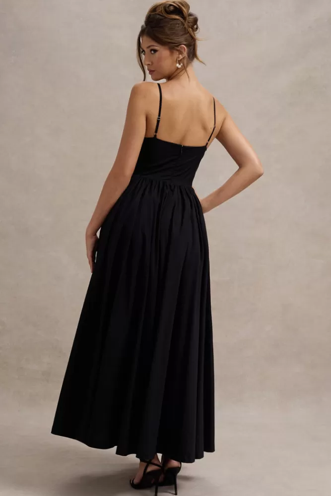 Club L London Loved Up | Black Strappy Pleated Maxi Dress With Bows BLACKANDWHITE Best