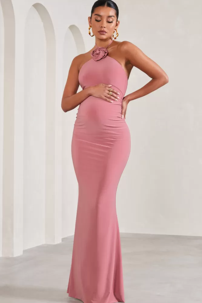 Club L London Loving | Blush Pink Halter-Neck Maternity Maxi Dress With Flower Corsage BLUSHPINK Hot