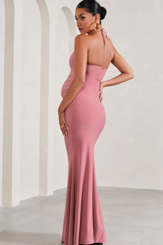 Club L London Loving | Blush Pink Halter-Neck Maternity Maxi Dress With Flower Corsage BLUSHPINK Hot