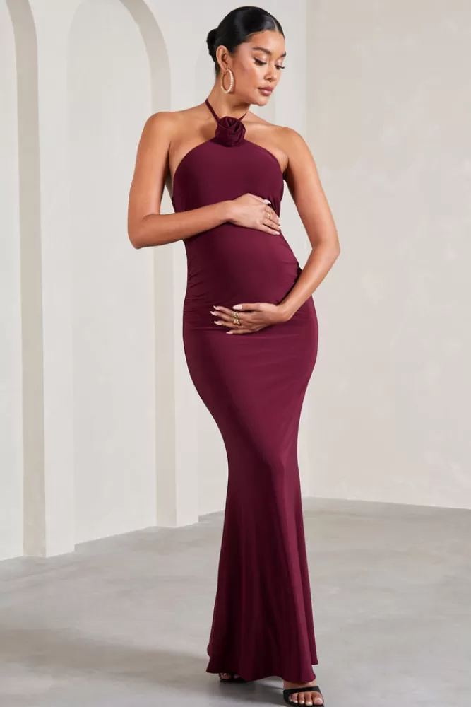 Club L London Loving | Halter-Neck Maternity Maxi Dress With Flower Corsage BURGUNDY New