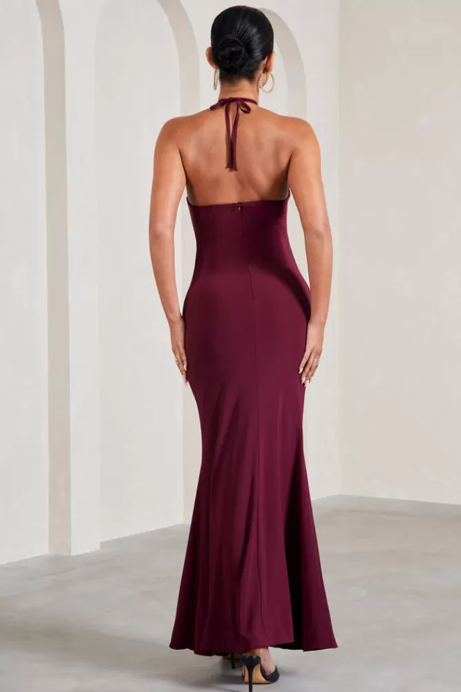 Club L London Loving | Halter-Neck Maternity Maxi Dress With Flower Corsage BURGUNDY New