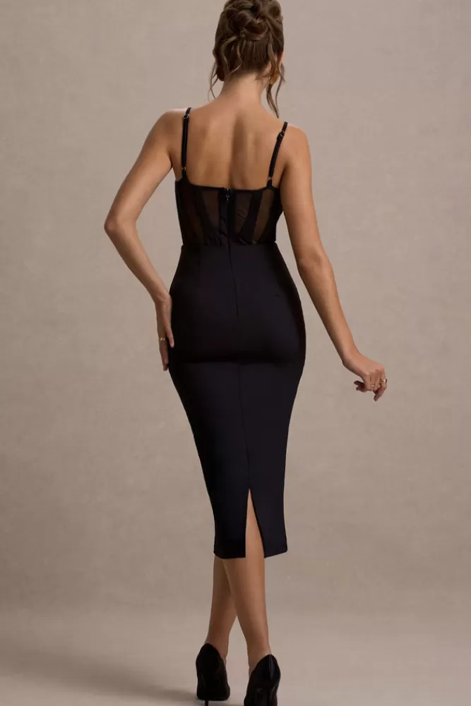 Club L London Lucid Dream | Strappy Mesh Corset Midi Dress BLACK Best