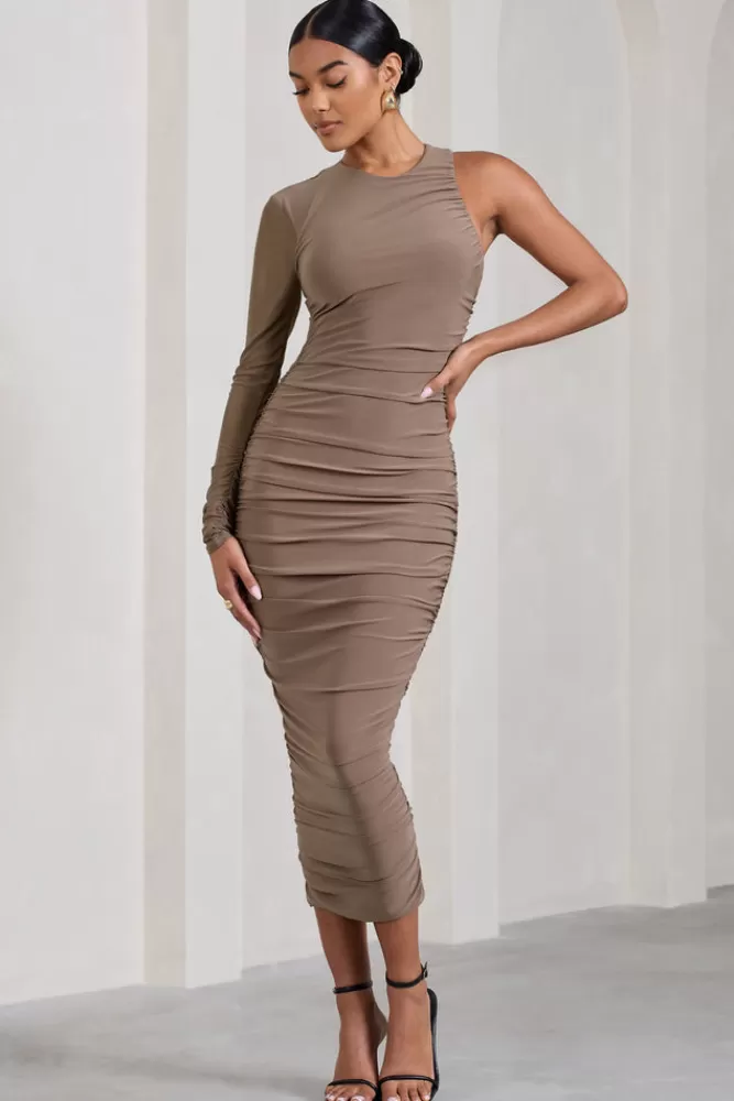 Club L London Luciene | Ruched Asymmetric Bodycon Midi Dress With Sheer Sleeve MOCHA Store