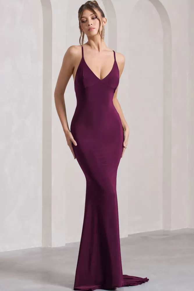 Club L London Lucky Number | Cross Back Fishtail Maxi Dres PLUM Discount