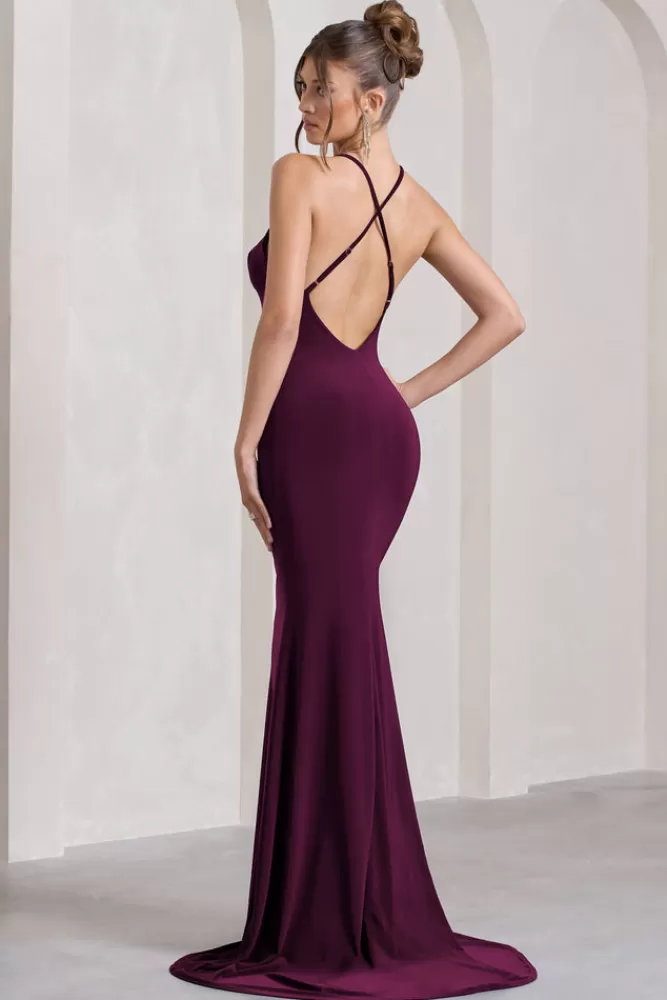 Club L London Lucky Number | Cross Back Fishtail Maxi Dres PLUM Discount