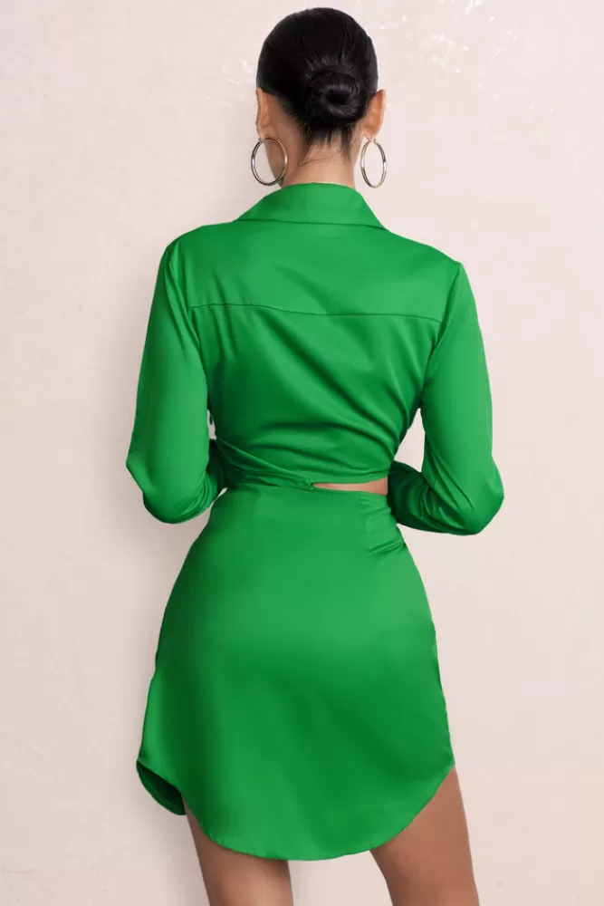 Club L London Lucky Star | Cut Out Wrap Front Shirt Mini Dress GREEN Flash Sale