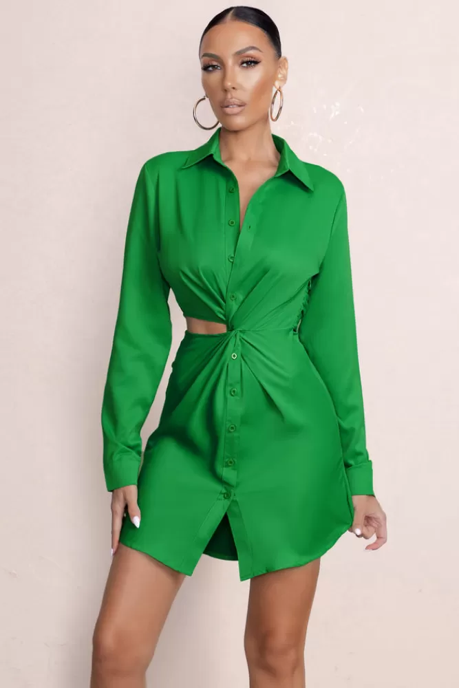 Club L London Lucky Star | Cut Out Wrap Front Shirt Mini Dress GREEN Flash Sale