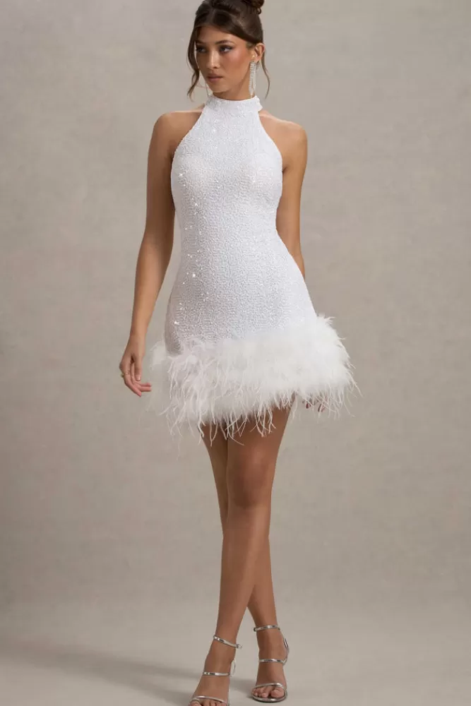 Club L London Lumi | Sequin High-Neck Feather Trim Mini Dress WHITE Discount