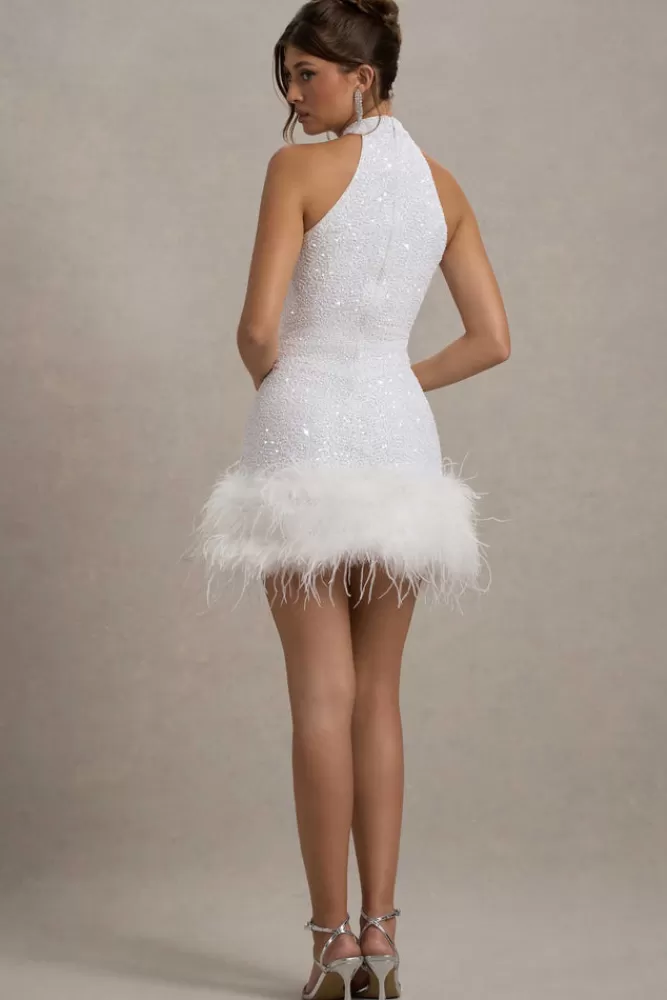 Club L London Lumi | Sequin High-Neck Feather Trim Mini Dress WHITE Discount