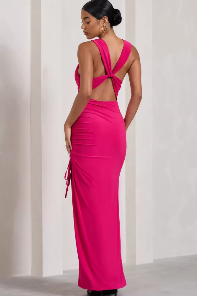 Club L London Luminescent | Pink Cowl-Neck Split Maxi Dress FUCHSIA Shop