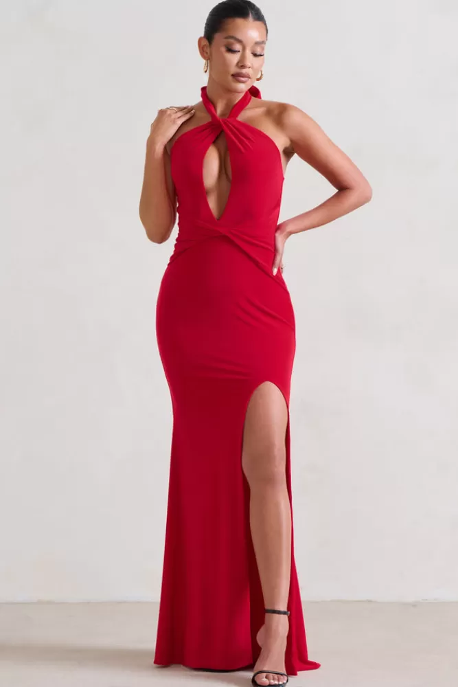 Club L London Luxuria | Halter Cut Out Maxi Dress RED Outlet