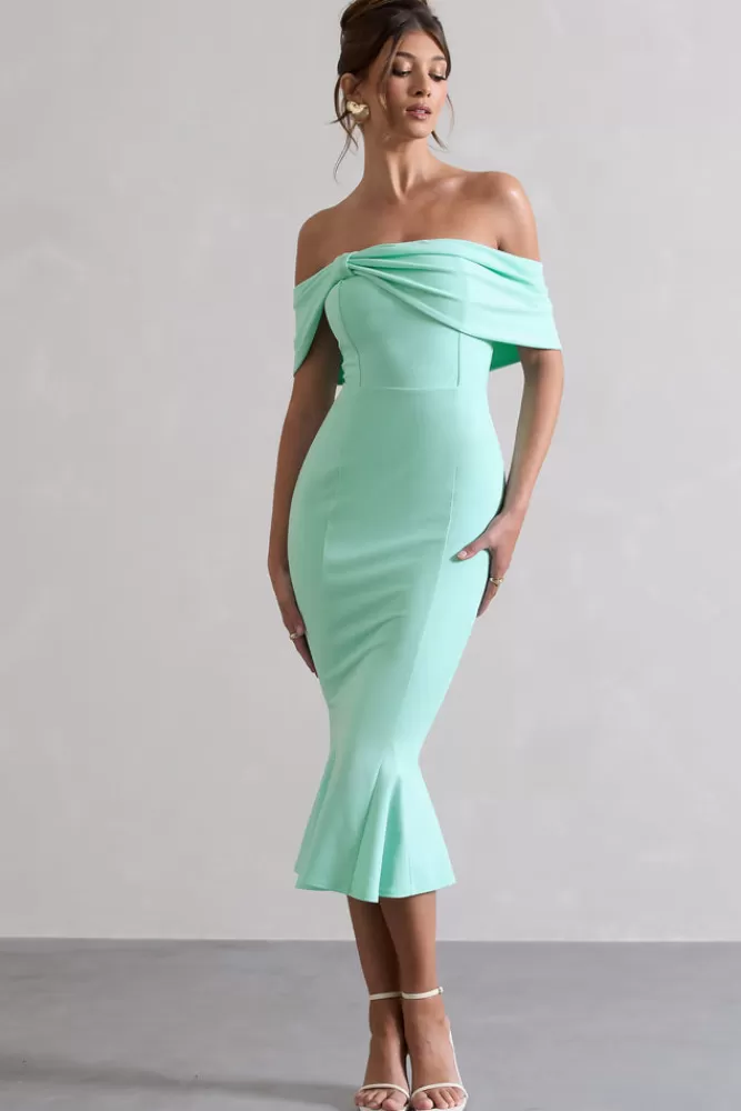 Club L London Lydia | Mint Bardot Bow Detail Midi Dress ICEDMINT Best Sale