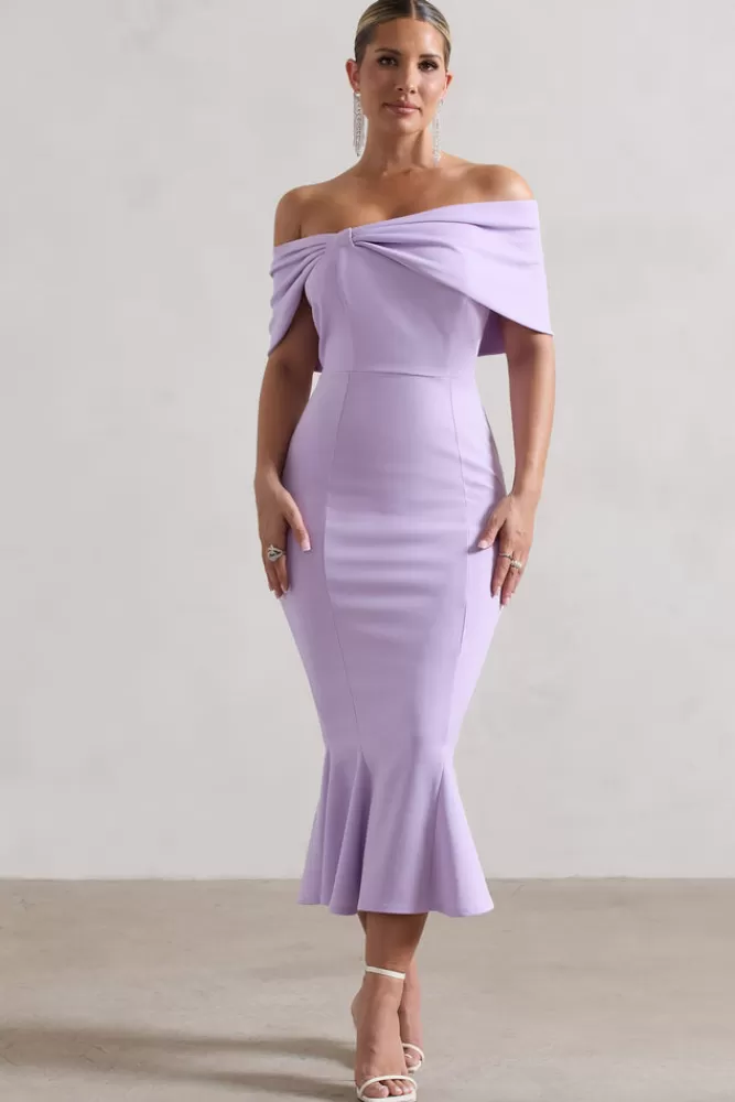 Club L London Lydia | Pastel Lilac Bardot Bow Detail Midi Dress PASTELLILAC Fashion