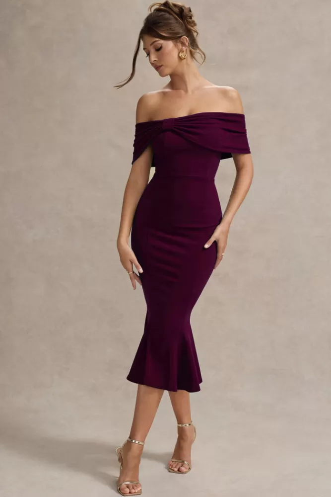 Club L London Lydia | Bardot Bow Detail Midi Dress PLUM Shop