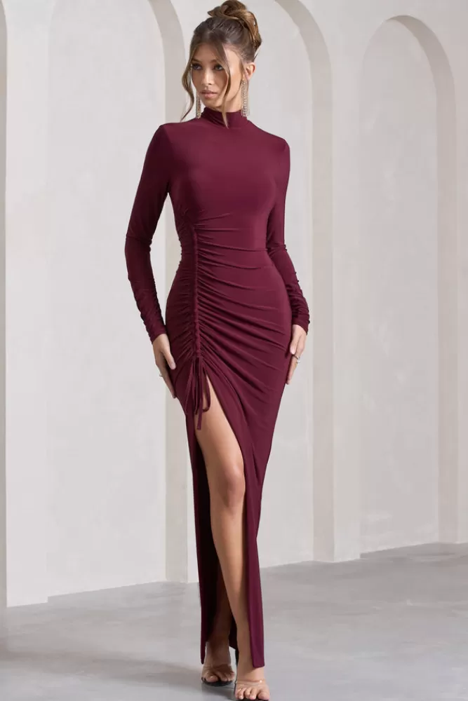 Club L London Lynn | Ruched High-Neck Split Maxi Dress BURGUNDY Store