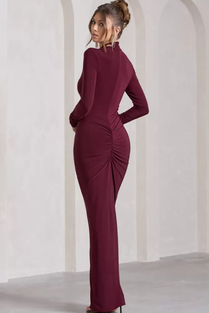 Club L London Lynn | Ruched High-Neck Split Maxi Dress BURGUNDY Store