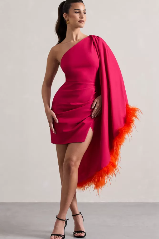 Club L London Lyrika | Dark Pink Asymmetric Cape Sleeve Mini Dress With Feathers MAGENTA Sale