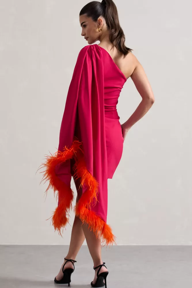 Club L London Lyrika | Dark Pink Asymmetric Cape Sleeve Mini Dress With Feathers MAGENTA Sale