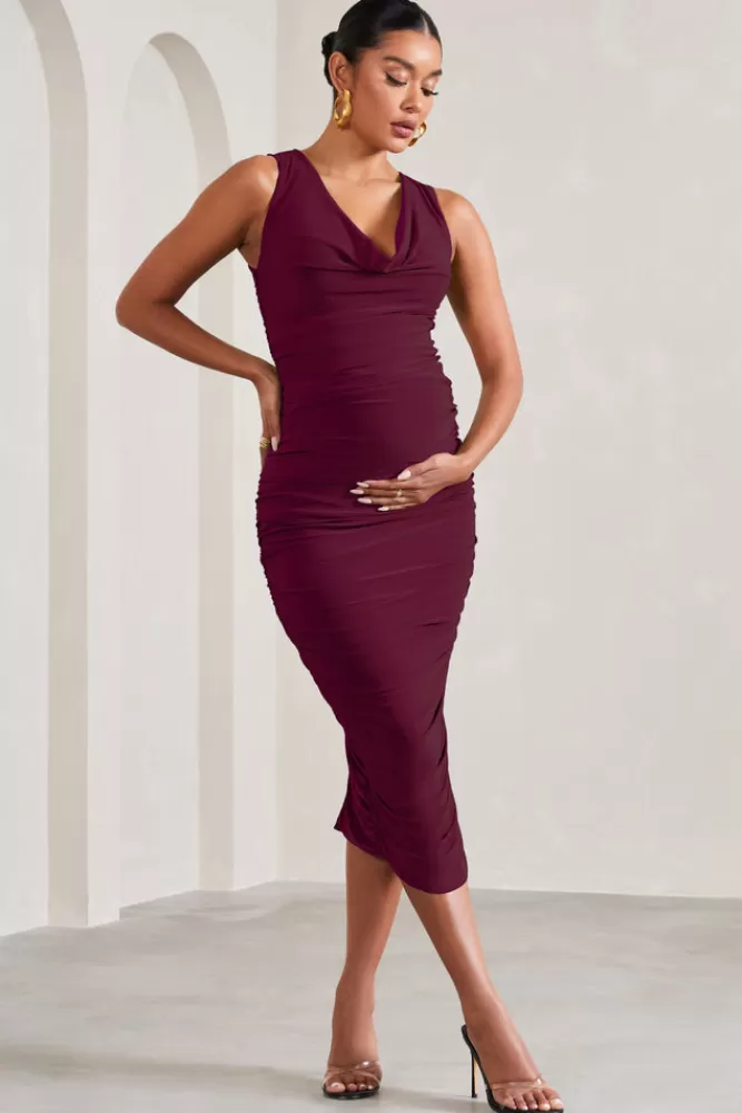 Club L London Mabel | Cowl-Neck Ruched Maternity Midi Dress BURGUNDY New