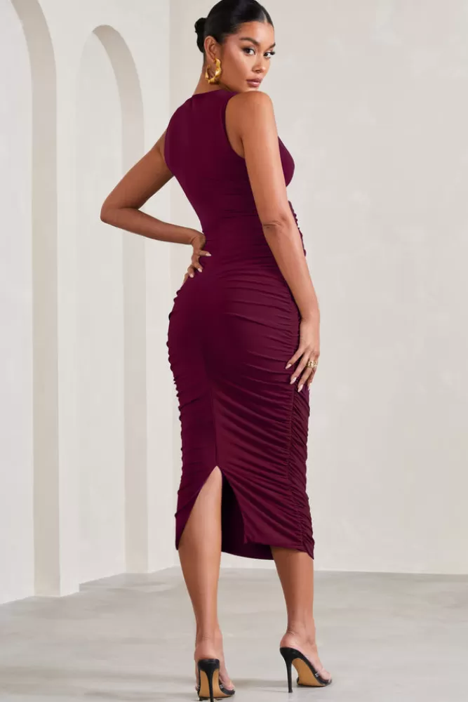 Club L London Mabel | Cowl-Neck Ruched Maternity Midi Dress BURGUNDY New