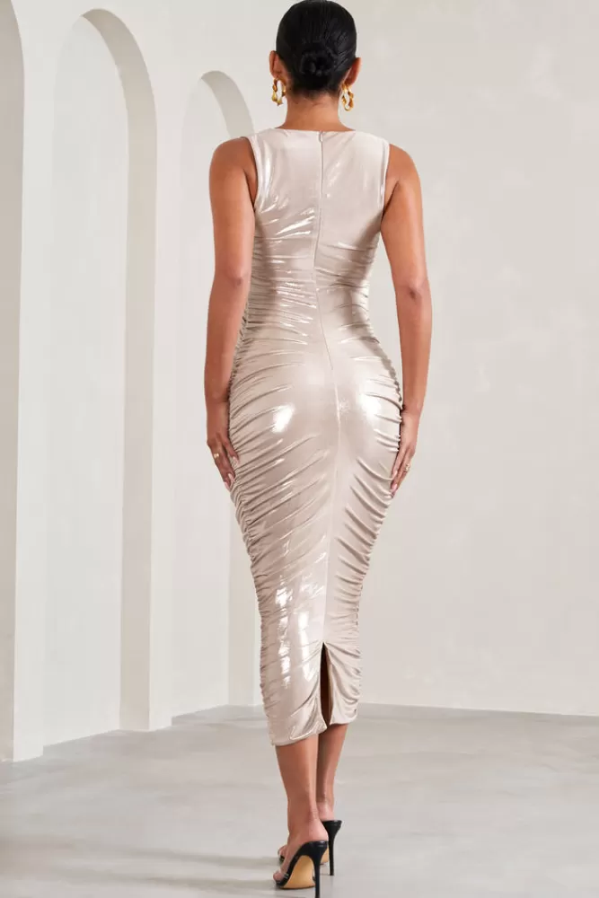 Club L London Mabel | Gold Metallic Cowl-Neck Ruched Maternity Midi Dress GOLDMETALLIC New