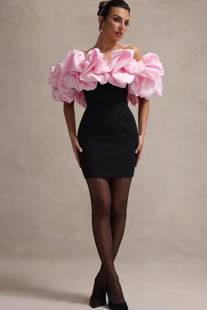 Club L London Macaron | Black Bardot Mini Dress With Pink Ruffle Trim BLACKANDPINK Shop