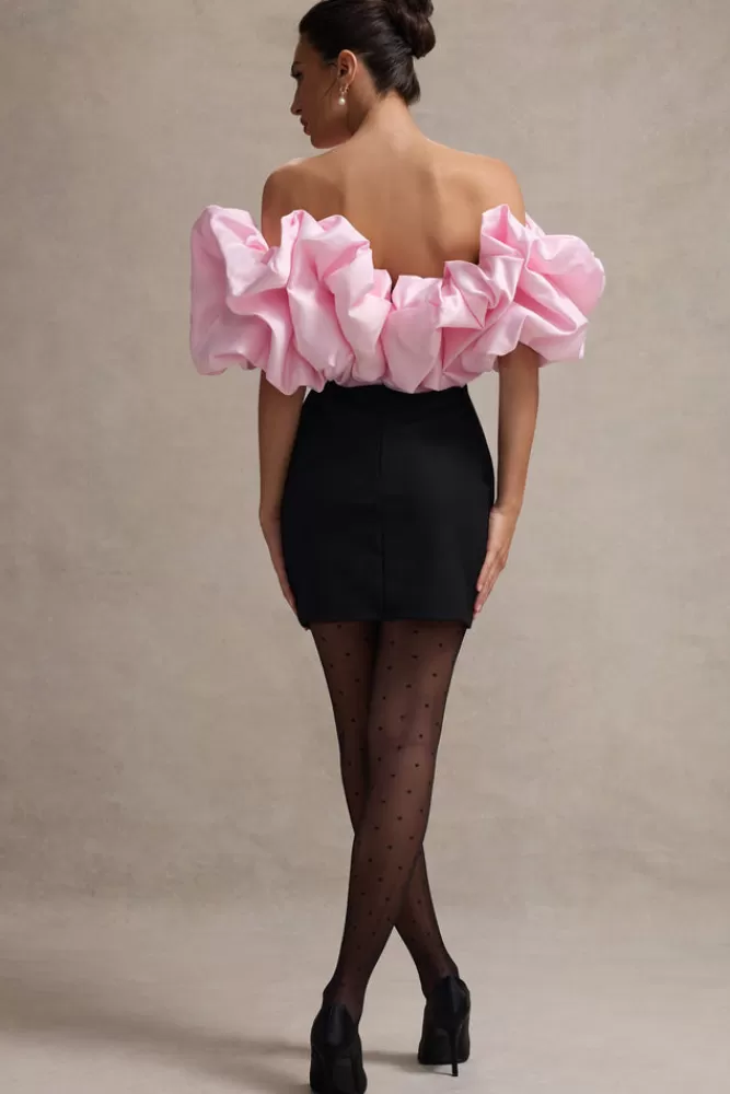 Club L London Macaron | Black Bardot Mini Dress With Pink Ruffle Trim BLACKANDPINK Shop