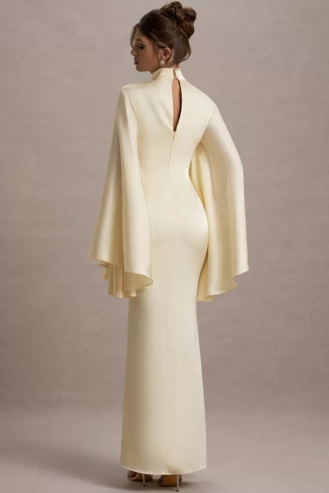 Club L London Maceline | Satin High-Neck Maxi Dress With Cape Sleeves ECRU Hot