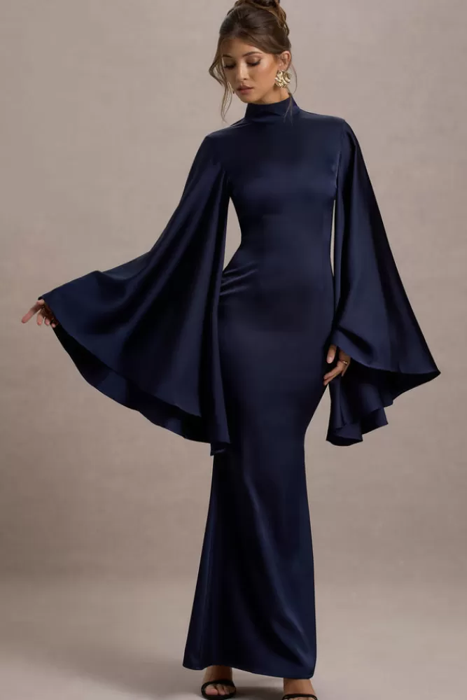 Club L London Maceline | Satin High-Neck Maxi Dress With Cape Sleeves NAVY Cheap