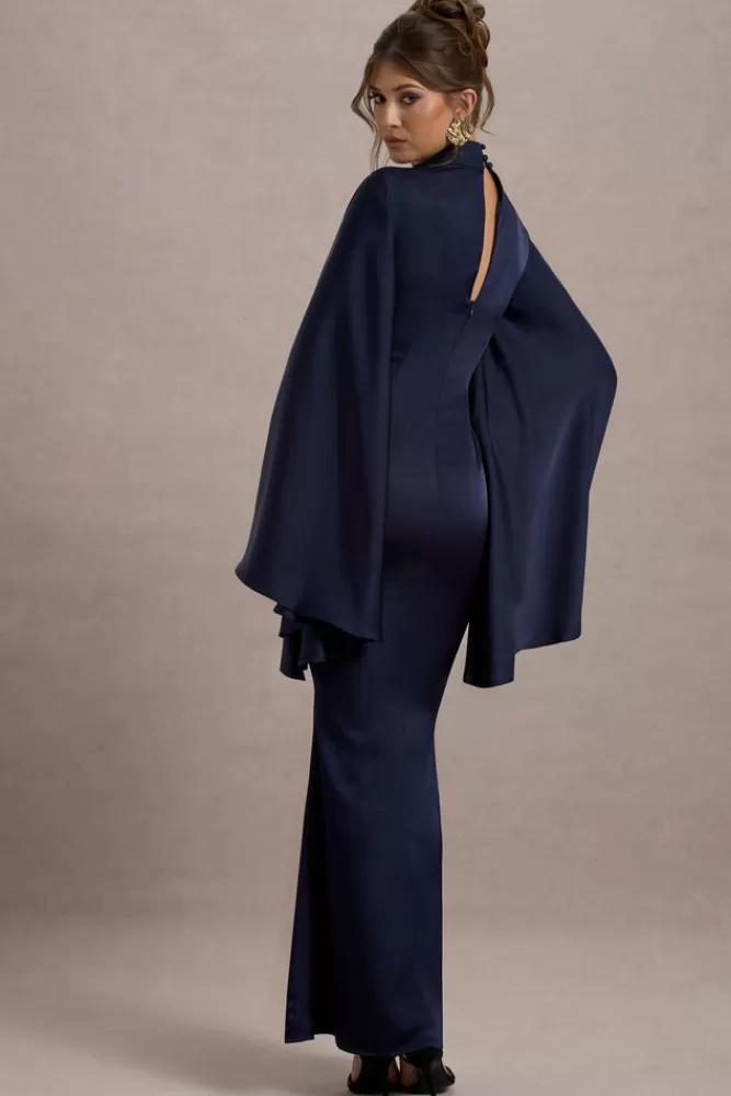 Club L London Maceline | Satin High-Neck Maxi Dress With Cape Sleeves NAVY Cheap