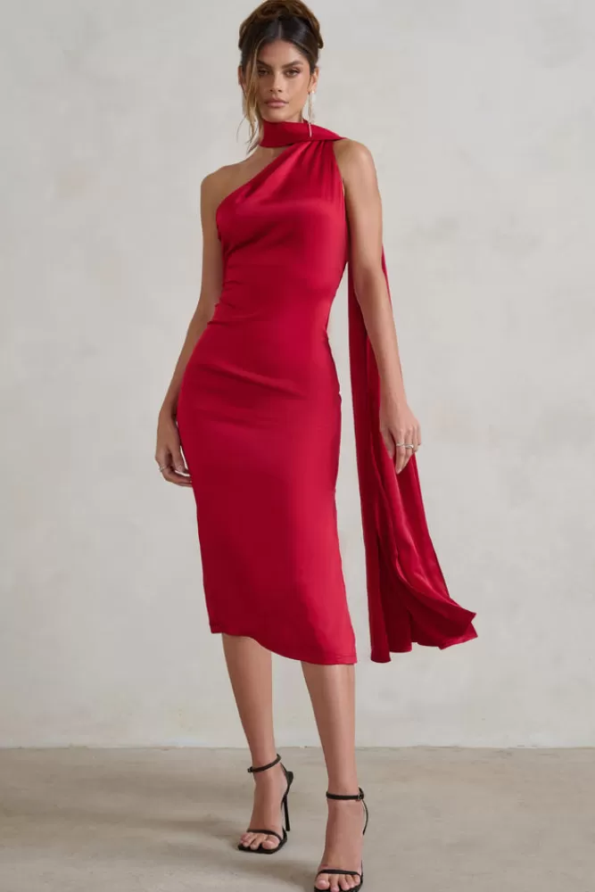 Club L London Madame | Red Satin Asymmetric Scarf Neck Backless Midi Dress BERRY Clearance