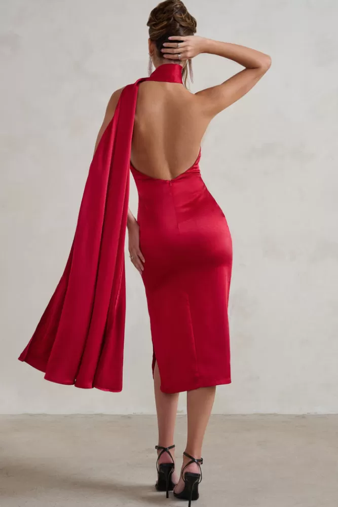 Club L London Madame | Red Satin Asymmetric Scarf Neck Backless Midi Dress BERRY Clearance