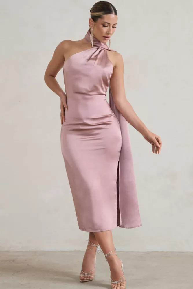 Club L London Madame | Pink Satin Asymmetric Scarf Neck Backless Midi Dress BLUSH Cheap