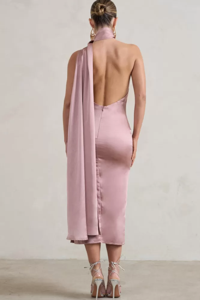Club L London Madame | Pink Satin Asymmetric Scarf Neck Backless Midi Dress BLUSH Cheap
